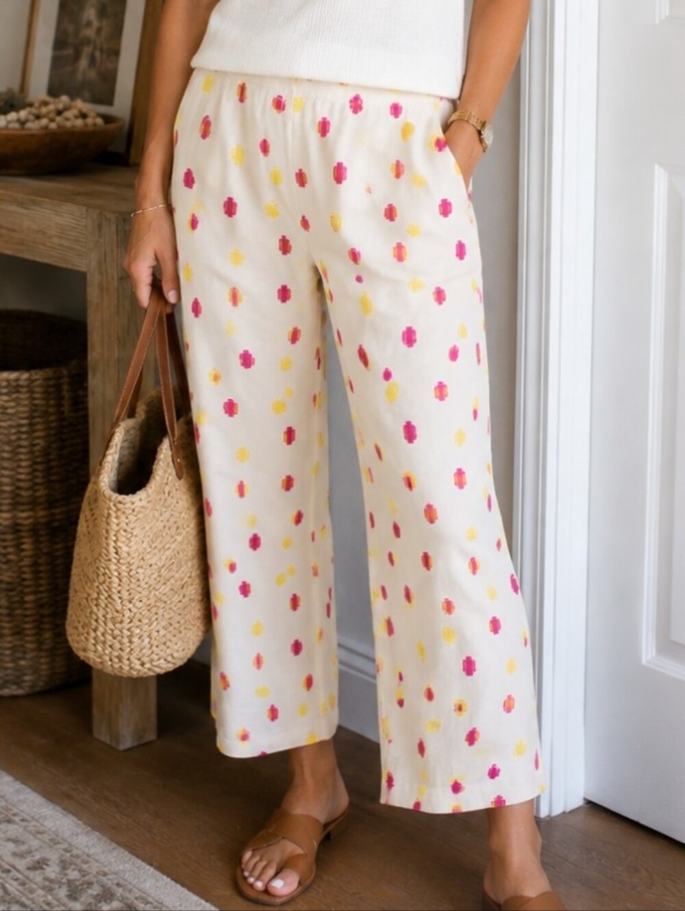 Anthropologie Embroidered Polka Dot Wide Leg Ankle Pants Cotton Size 12 NWT